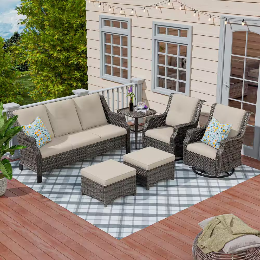 6-Pieces Wicker Outdoor Patio Furniture Set Rattan Chair Wicker Set with Beige Cushion