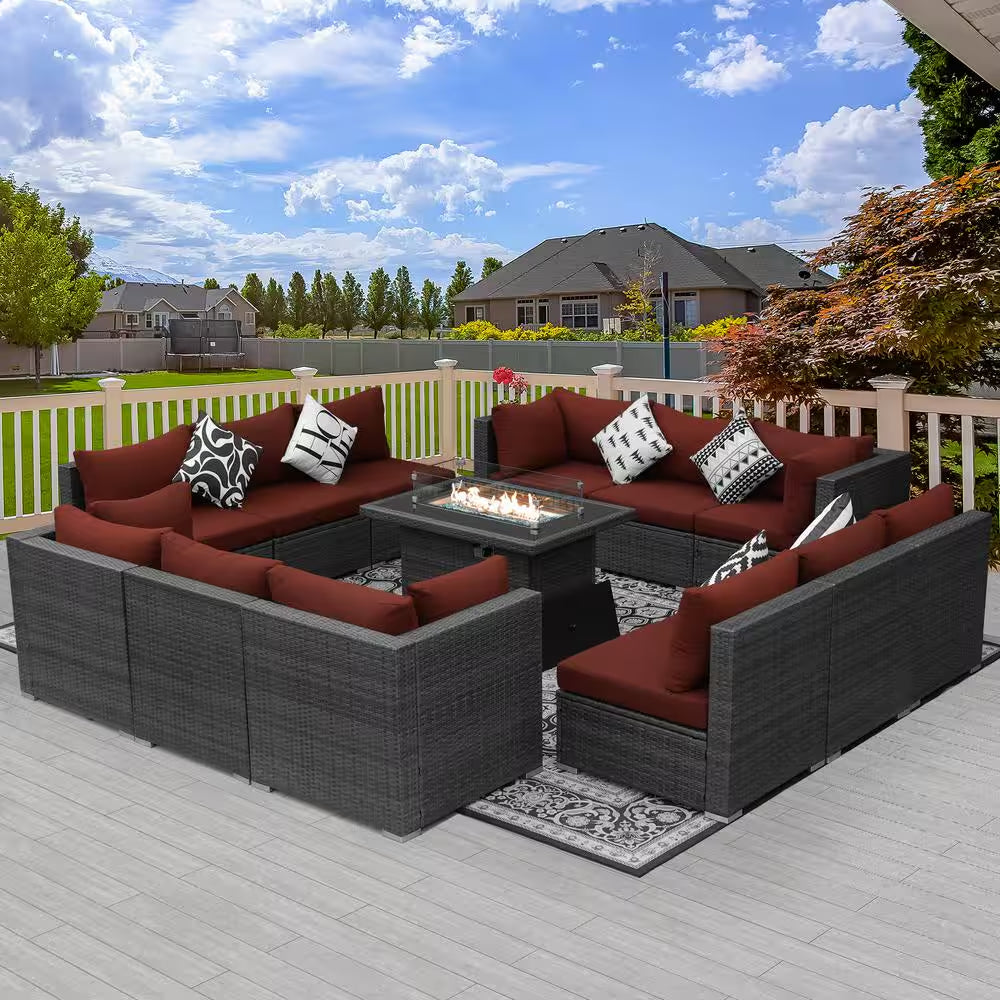 Large Gray 13-Piece 12-Seats Wicker Patio Fire Pit Sofa Set with Light Red Cushions and 43 In. Fire Pit Table