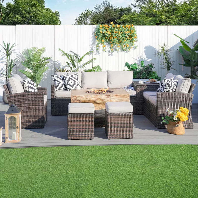 Arthur 7 -Piece Wicker Patio Sofa Conversation Set with Tan Cushions