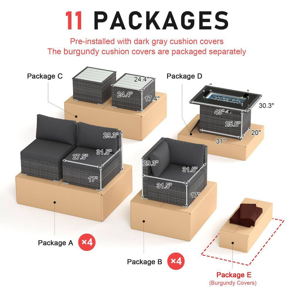 15-Piece Large Size Gray Wicker Patio Conversation Sofa Set with Dark Red Cushions Fire Pit Table and Coffee Tables