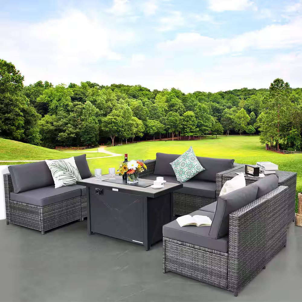 9-Pieces Patio Rattan Furniture Set Fire Pit Table Storage Grey with Cover Grey