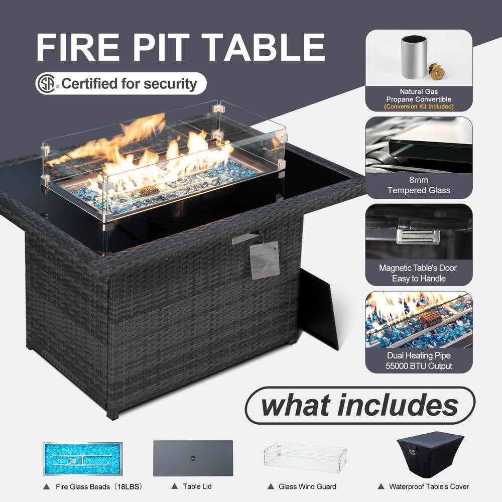 Large Gray 13-Piece 12-Seats Wicker Patio Fire Pit Sofa Set with Light Red Cushions and 43 In. Fire Pit Table