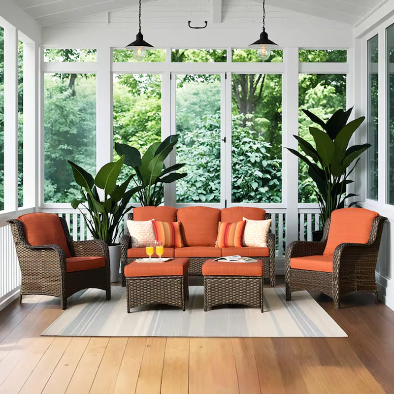 New Kenard 5 -Piece Woven Patio Sofa Conversation Set with Blue Cushions