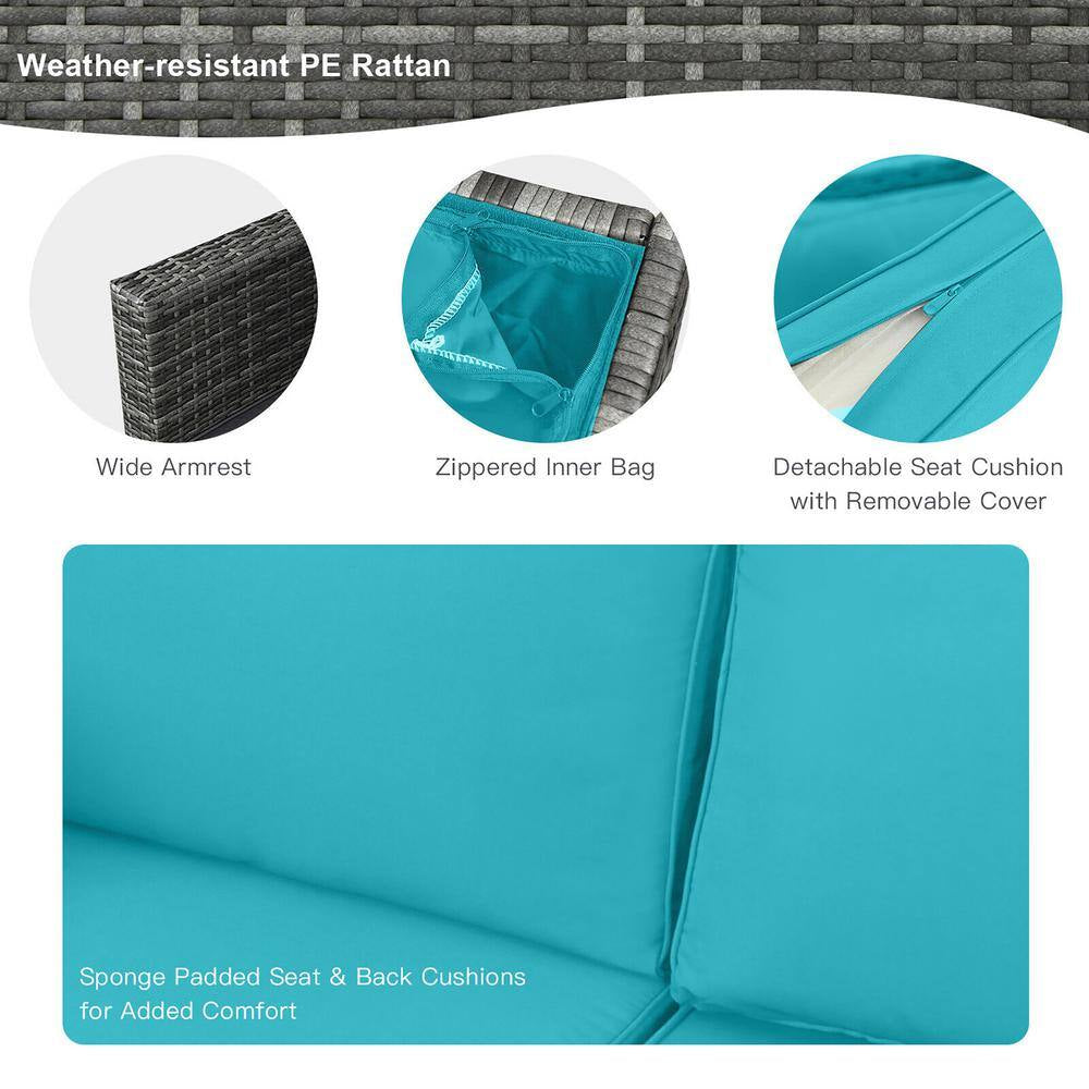 9-Pieces Patio Rattan Furniture Set Fire Pit Table Storage Black with Cover Turquoise