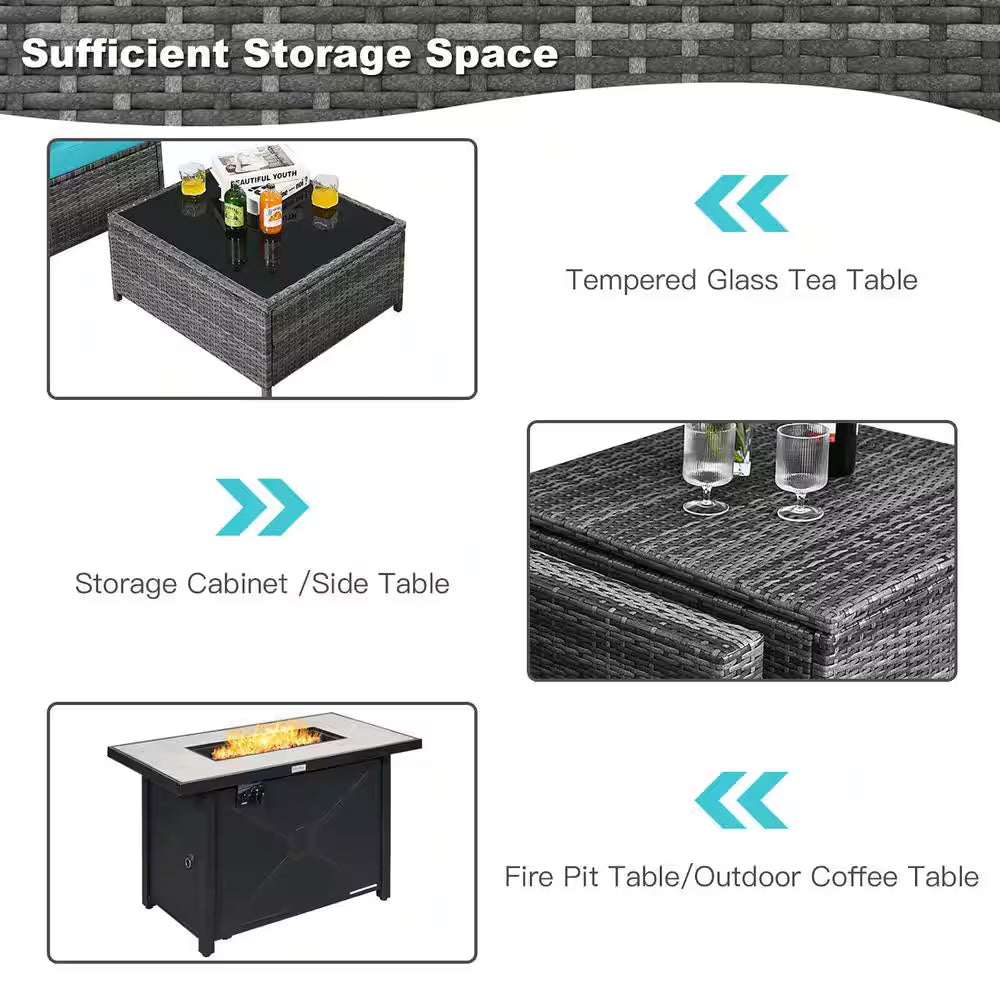 9-Pieces Patio Rattan Furniture Set Fire Pit Table Storage Black with Cover Turquoise