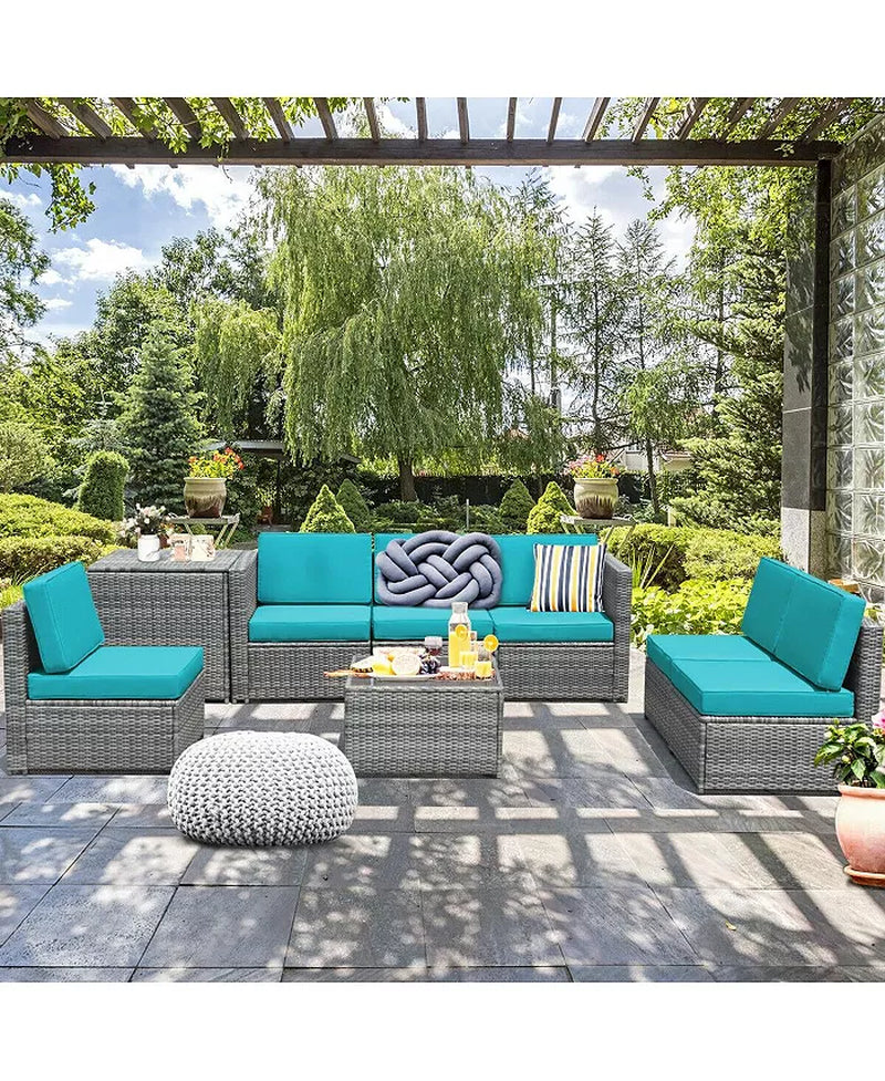 8 Piece Wicker Sofa Rattan Dinning Set Patio Furniture with Storage Table