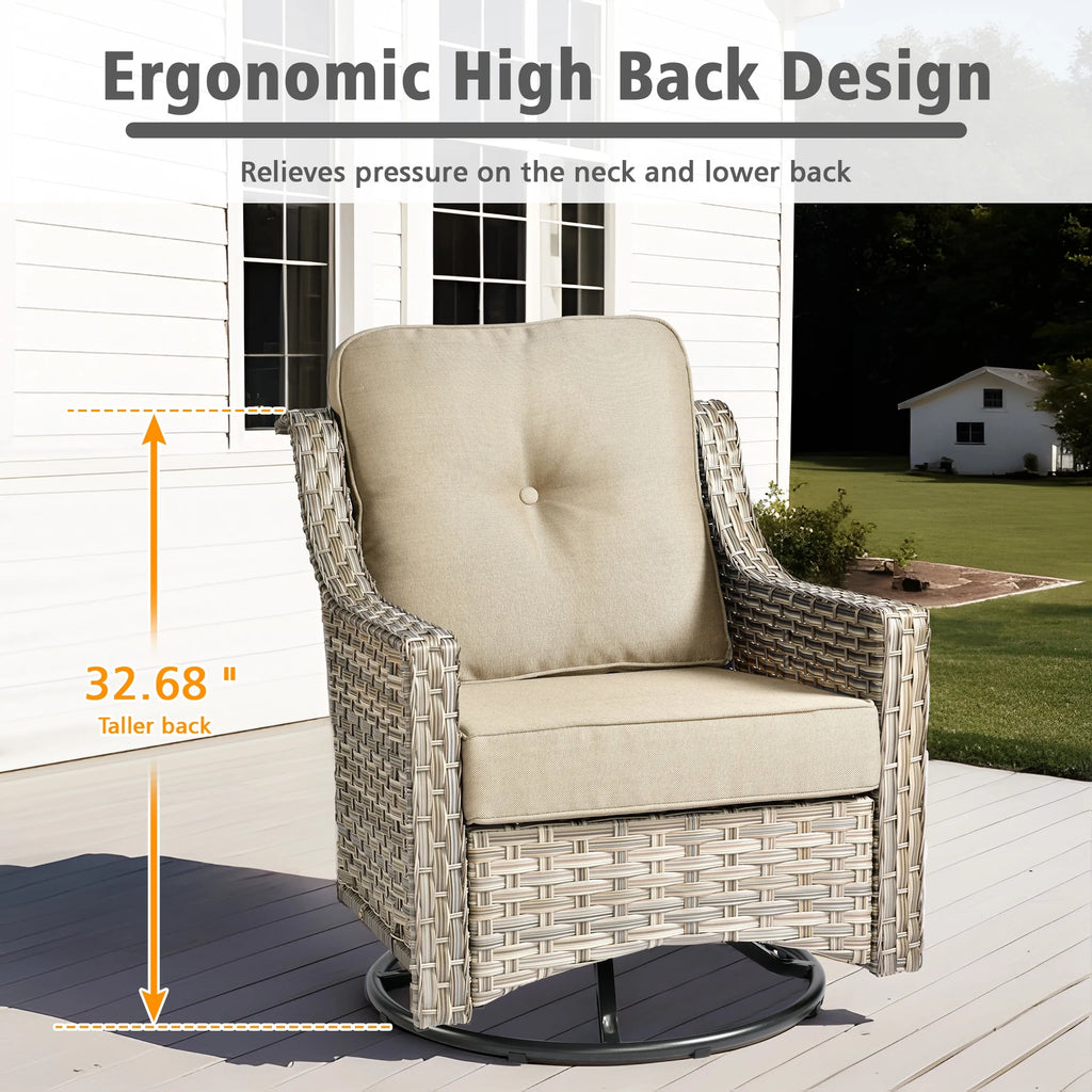 5 Pieces Outdoor Patio Furniture Set High-Back Rattan Wicker Conversation Set Outdoor Sectional with Swivel Chairs & Solar Light Coffee Table, Beige