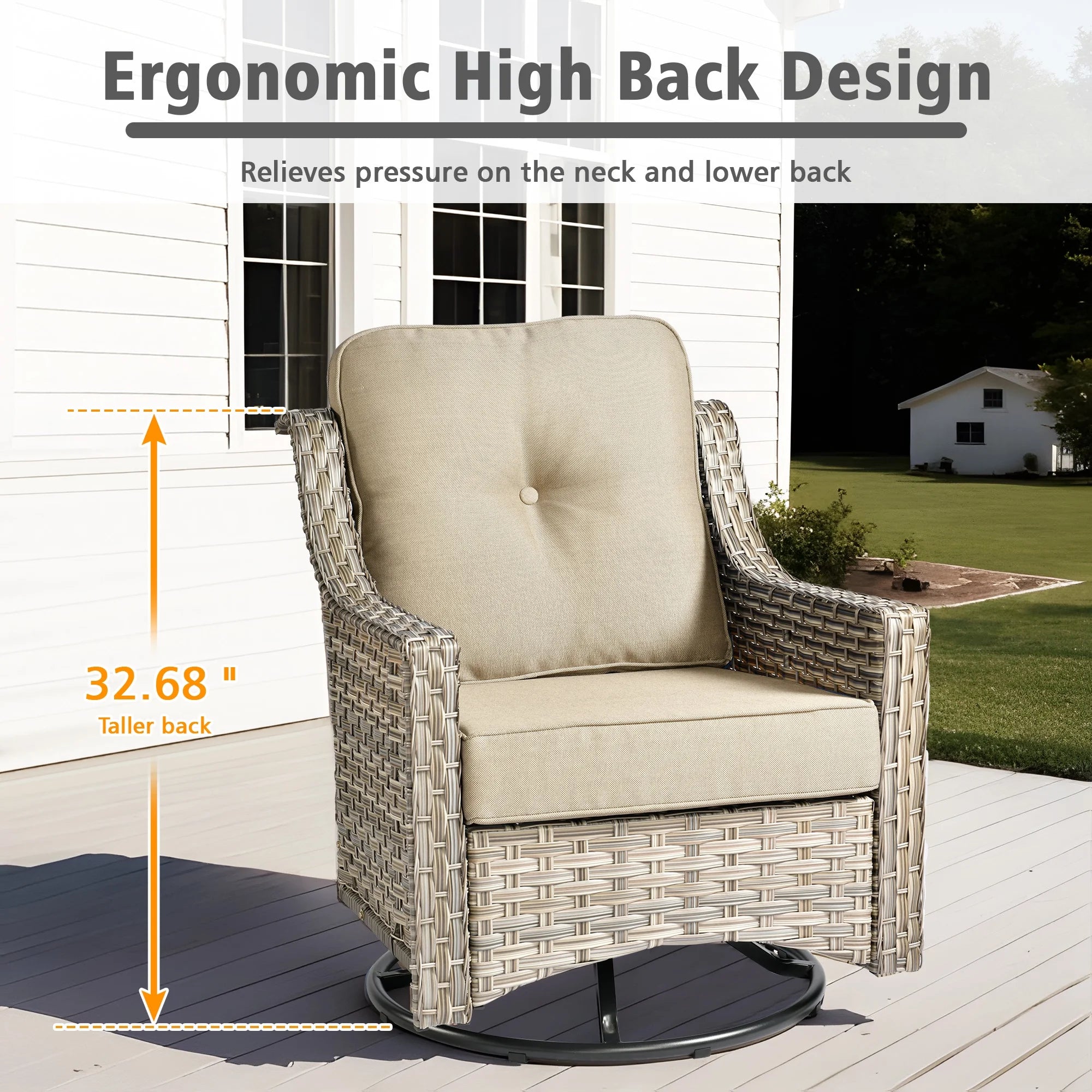 5 Pieces Outdoor Patio Furniture Set High-Back Rattan Wicker Conversation Set Outdoor Sectional with Swivel Chairs & Solar Light Coffee Table, Beige