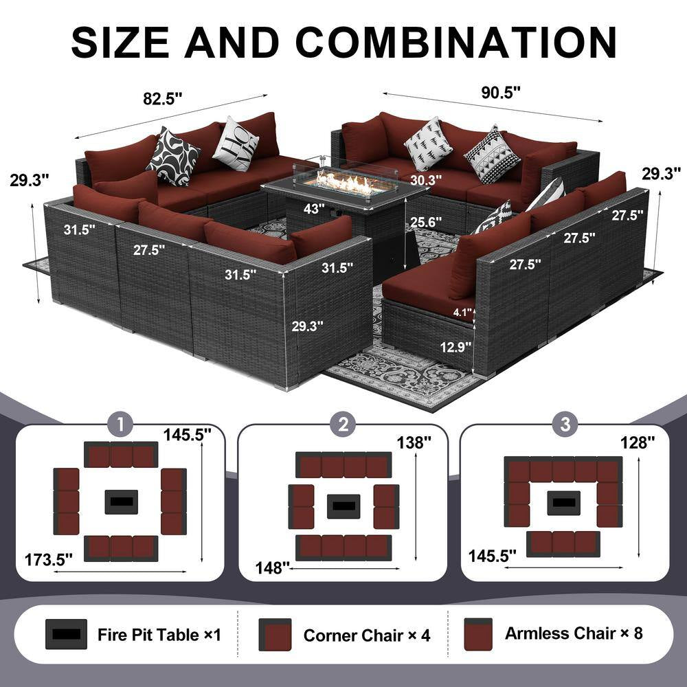 Large Gray 13-Piece 12-Seats Wicker Patio Fire Pit Sofa Set with Light Red Cushions and 43 In. Fire Pit Table