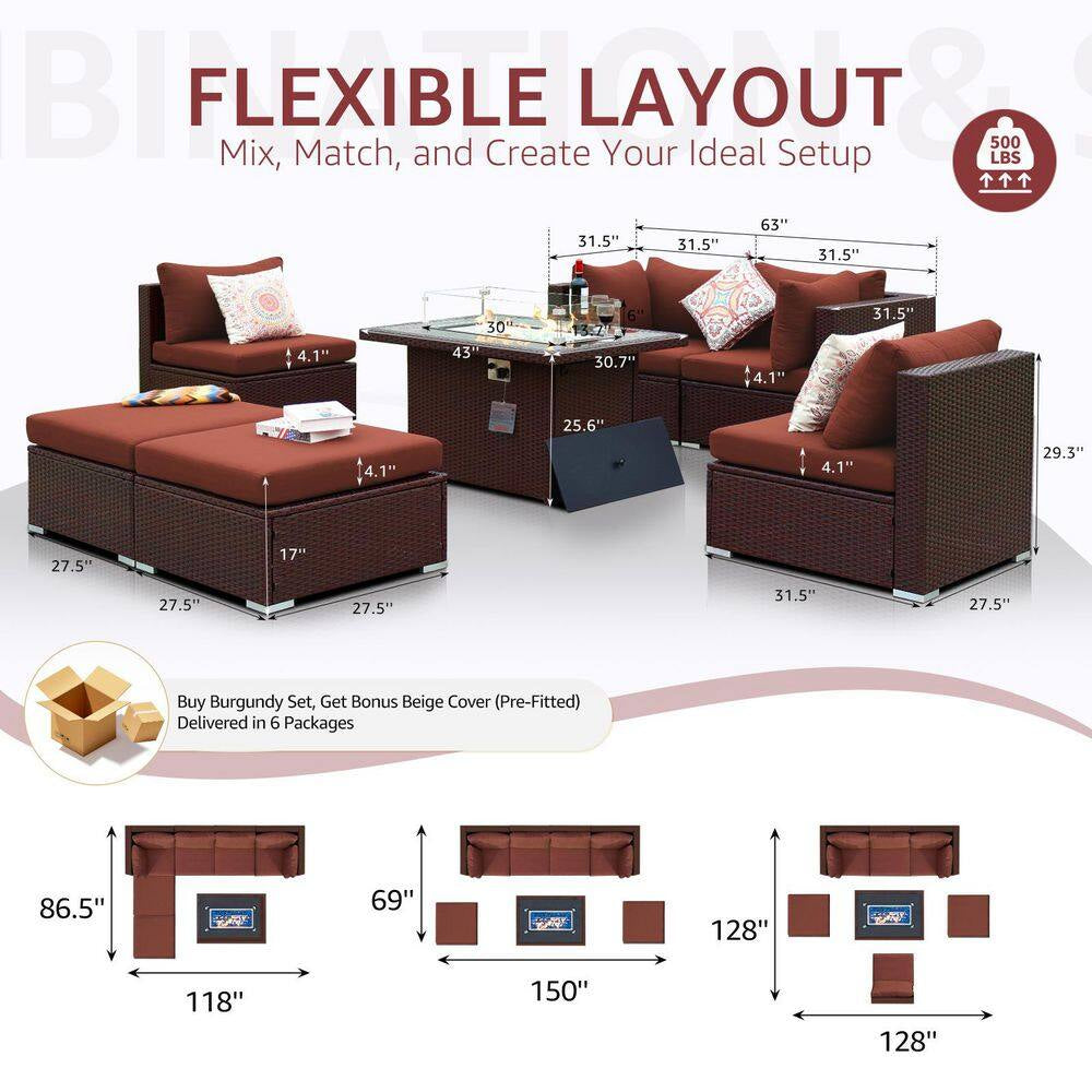 7 Piece Large Espresso Wicker Patio Fire Pit Sectional Deep Seating Sofa Set with Ottamans and Ruby Red Cushions