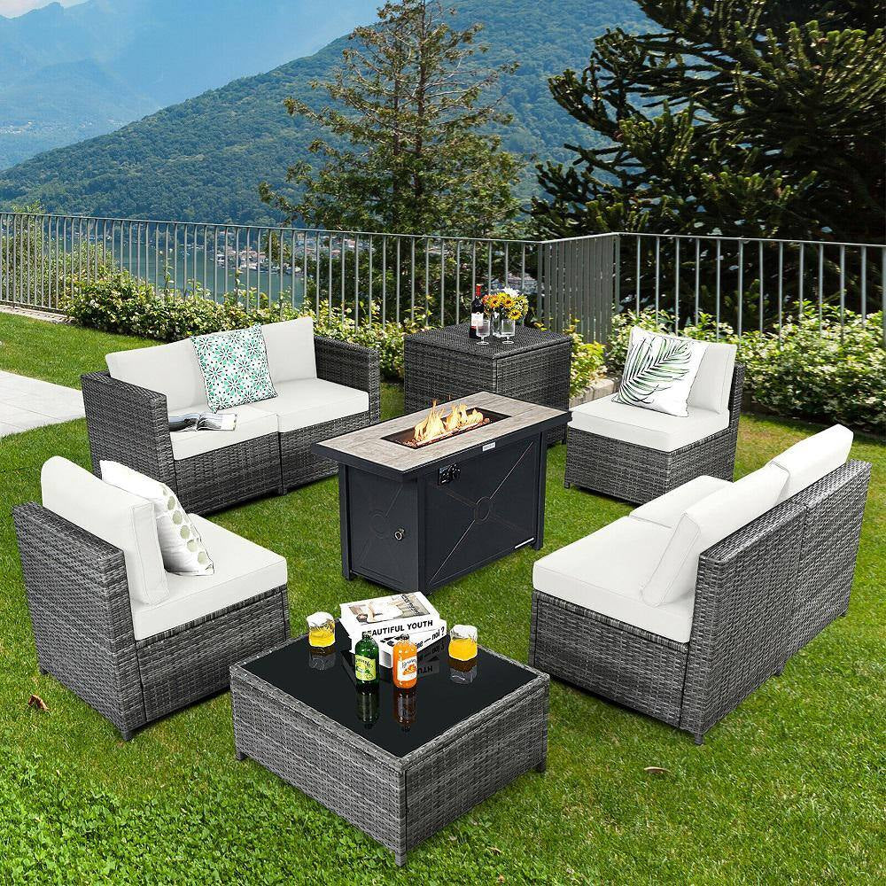 9-Pieces Patio Rattan Furniture Set Fire Pit Table Storage Black with Cover off White