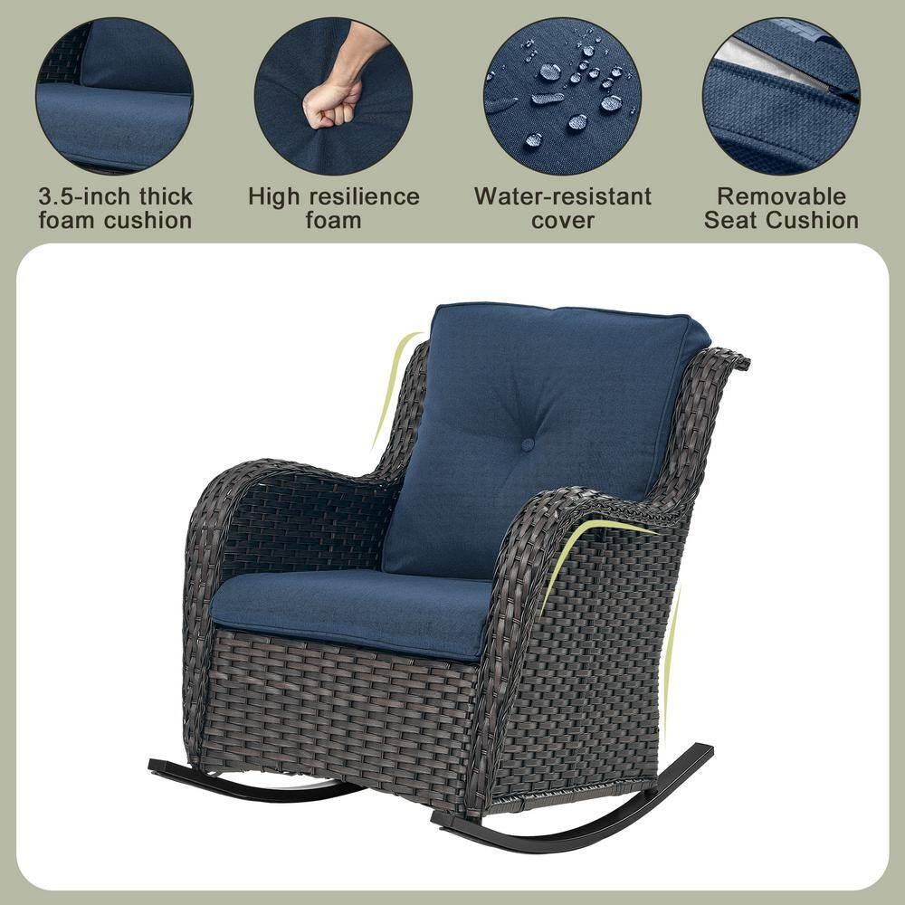 Outdoor Brown Wicker Outdoor Rocking Chair with Cushionguard Blue Cushions Patio (Set 2-Pack)