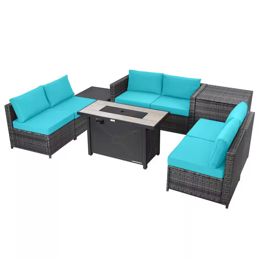 9-Pieces Patio Rattan Furniture Set Fire Pit Table Storage Black with Cover Turquoise