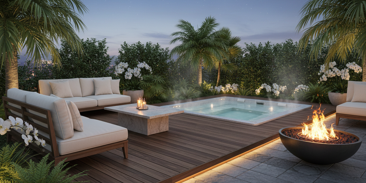 patio scene with swimspa, firebowl 